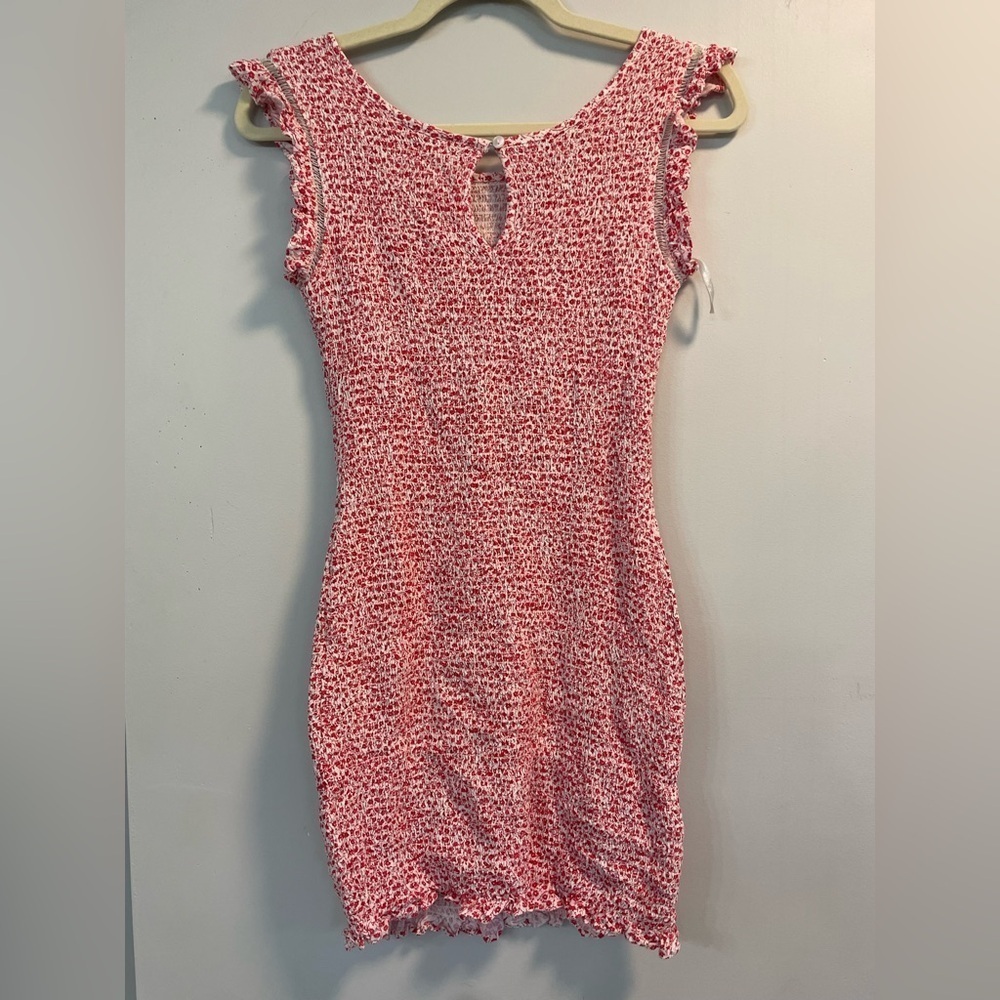 Japna, medium, women’s red and white floral print smocked stretch mini dress - Picture 5 of 9